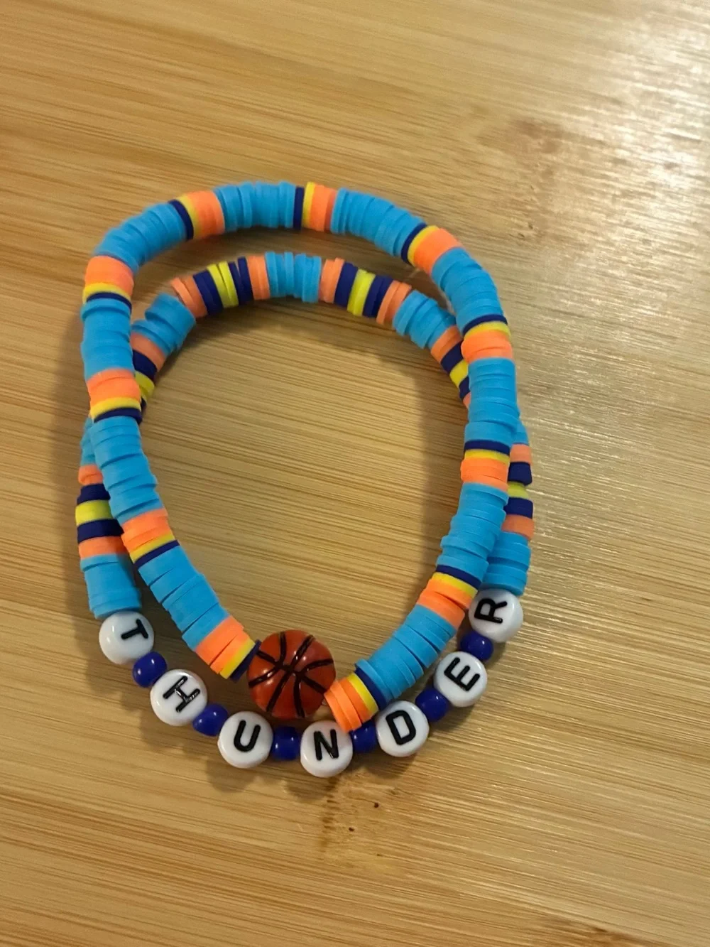 Blue Orange Sports Bead Bracelet Set with ‘THUNDER’ Lettering
